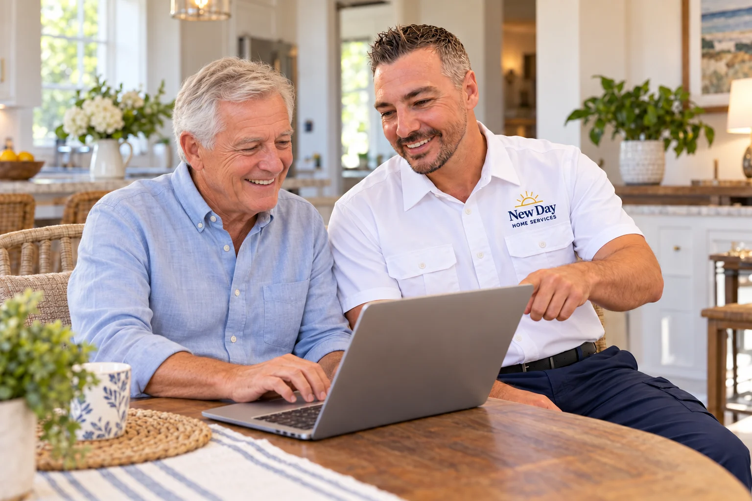 New Day Home Specialist helping an older man use his laptop at home